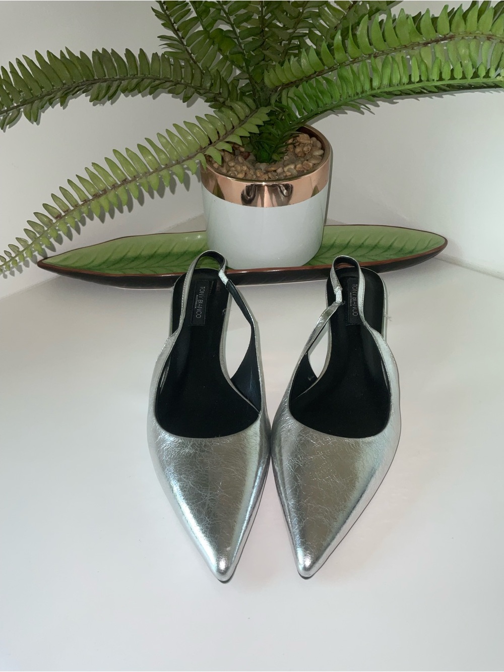 Tony Bianco Silver Pointed Slingback Kitten heels